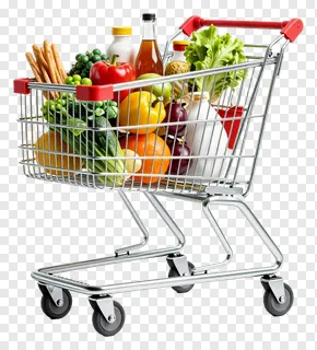 Shopping cart filled with groceries on a plain surface.