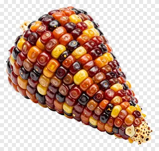 A colorful corn cob with polka-dotted kernels.