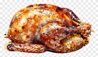 Roasted turkey with glossy, speckled skin and colorful feet.