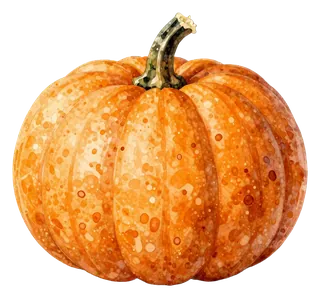 An orange pumpkin with a speckled texture and green stem.