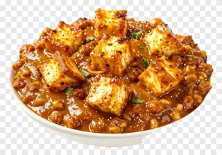 A bowl of paneer butter masala with golden cubes and herbs.