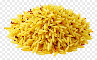 A pile of saffron turmeric rice with red threads.