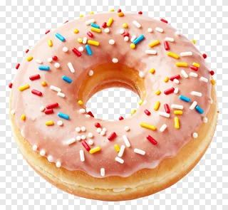 A pink glazed donut with colorful sprinkles.