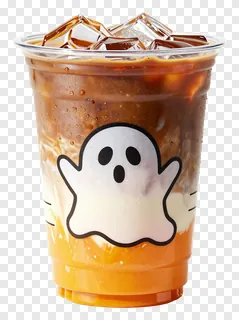 An iced pumpkin spice latte in a clear cup with a ghost decal.