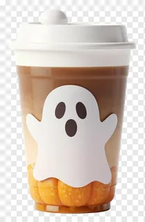 A pumpkin spice latte cup with a ghost design.