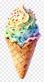 A cone of ice cream with rainbow sprinkles.