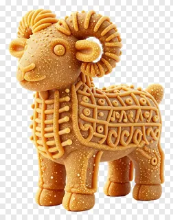 A decorative ram-shaped laddu with intricate patterns.