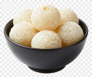 A bowl of white rasgulla with sugar coating.
