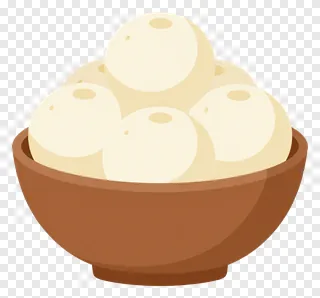 A bowl of white rasgulla in a wooden bowl.