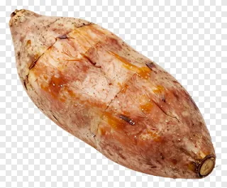 A roasted sweet potato with caramelized skin.