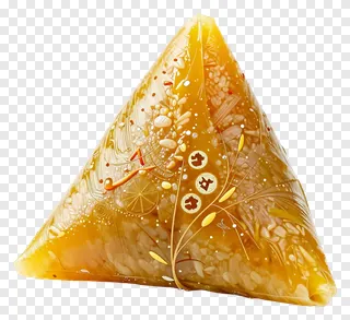 A saffron-colored rice dumpling with visible rice grains and decorative patterns.