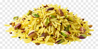 A pile of saffron rice with pistachios.