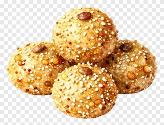 Four sesame-seed-covered Durga Puja sweets in a pyramid.