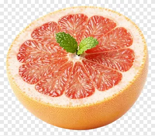A sliced grapefruit with a mint leaf on top.