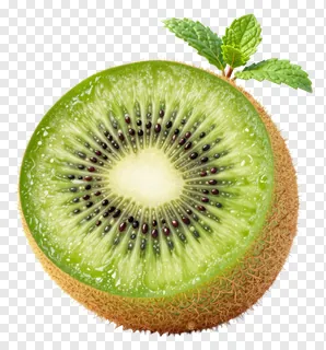 A sliced kiwi with a mint leaf on top.