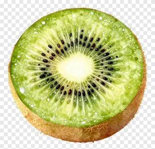 A sliced kiwi fruit with lime green flesh and black seeds.