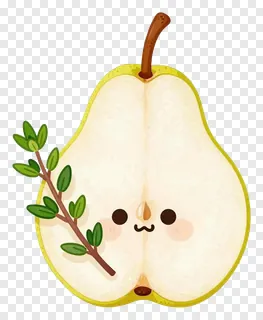 A sliced pear with a thyme sprig and a smiling face.