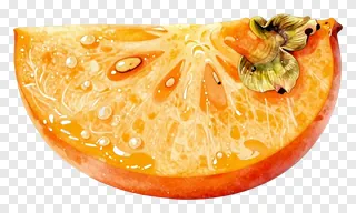 A sliced persimmon wedge with dew drops.