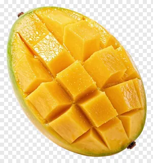 A sliced ripe mango with cubed flesh.
