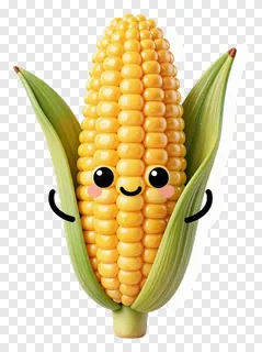 A cute cartoon corn cob with a smiling face.