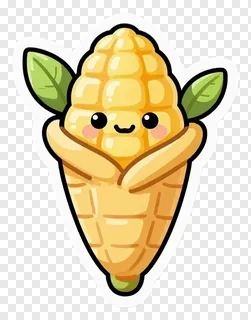 A smiling cartoon corn cob with green leaves and arms.
