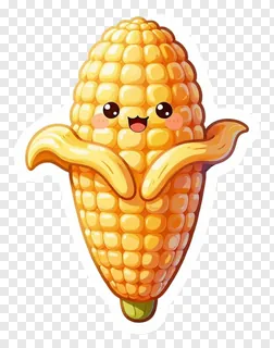 A smiling cartoon corn cob with arms raised.