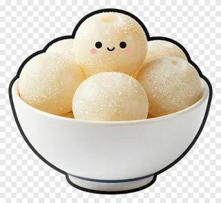 A white bowl filled with sugar-coated rasgullas, one with a smiling face.