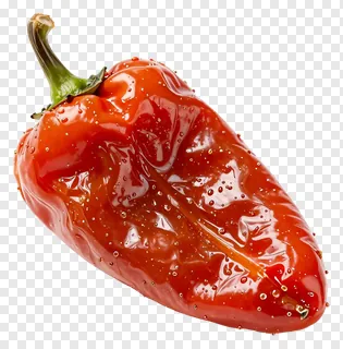 A roasted red pepper with a green stem.