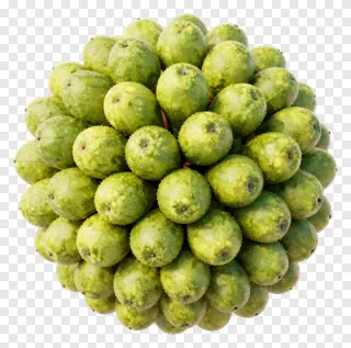 A spherical arrangement of small green fruits with intricate patterns and water droplets.