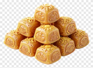 A stack of golden Durga Puja sweets with sun motifs and smiling faces.