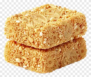 Two stacked ornate golden gujiya sweets with floral designs.