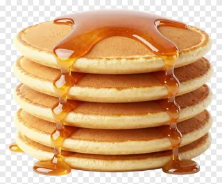 Stack of pancakes covered in syrup.