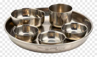 Steel thali set with five bowls on a circular tray.