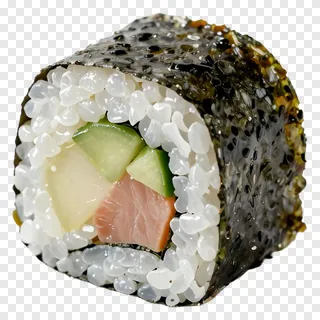 A sushi roll with rice, seaweed, cucumber, and fish.