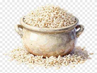 A terracotta pot filled to the brim with rice grains.