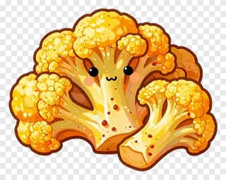 Cartoon roasted cauliflower with turmeric color and spice.