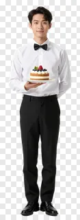 A waiter holding a dessert cake on a plate.