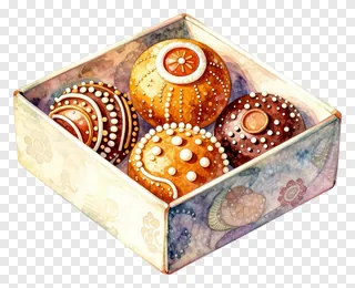 A watercolor-style box containing decorated Indian sweets.