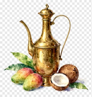 Brass kalash decorated with mango leaves and coconut in watercolor style.