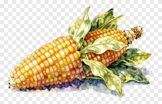 Two corn cobs with leaves in watercolor style.