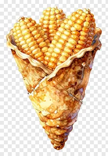An artistic depiction of a horn-shaped basket filled with yellow corn cobs.