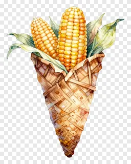 Two ears of corn in a woven basket illustrated in watercolor style.