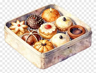 An open tin box containing various colorful Diwali sweets painted in watercolor.