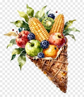 Fruit-filled ice cream cone-shaped cornucopia painted in watercolors.