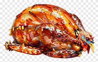 A stylized roast turkey with a glossy finish and blue eye.