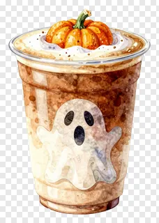 A watercolor-style iced pumpkin latte with a ghost decal and pumpkin topper.
