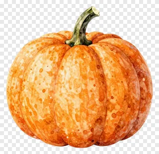 An orange pumpkin painted in watercolor with a green stem.