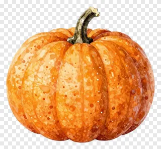 An orange pumpkin painted in watercolor with speckles.