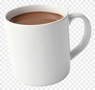A white ceramic mug containing hot chocolate.