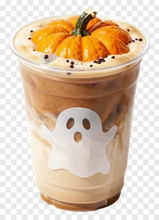 Iced pumpkin spice latte with ghost decal and pumpkin topper.